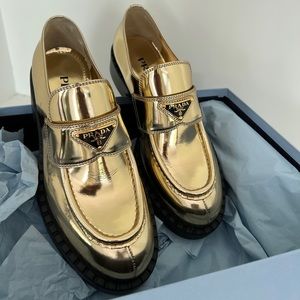 NWT Prada Gold Loafers
